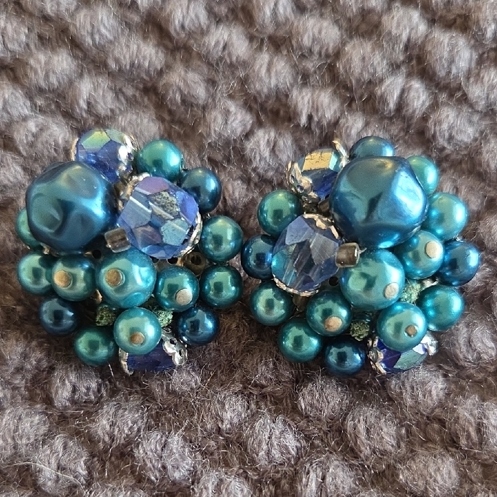Japan Blue Beaded Cluster Earrings with Faceted Crystals